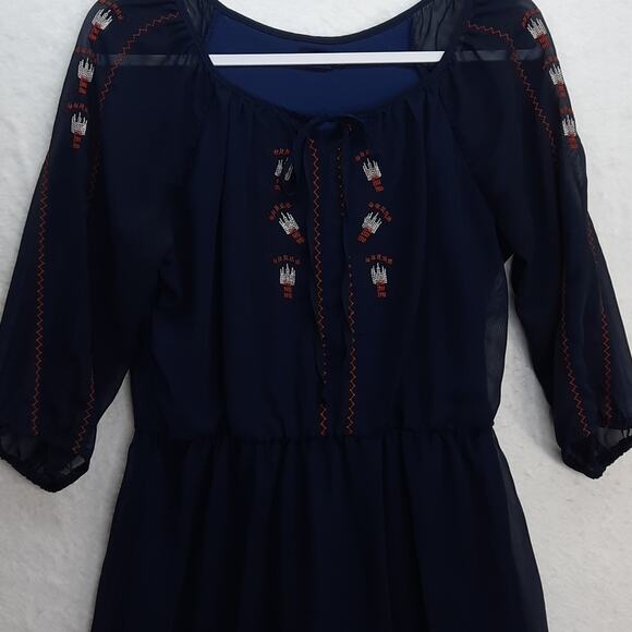 Ruby Rox Peasant Dress Womens Medium Navy Blue Embroidered Boho‎ Feminine - Picture 2 of 12